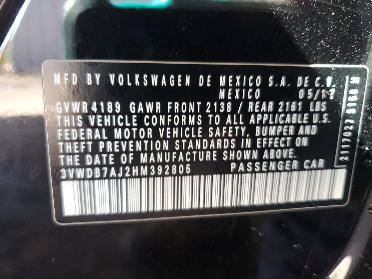 2017 Volkswagen Jetta Se VIN: 3VWDB7AJ2HM392805 Lot: 86093145