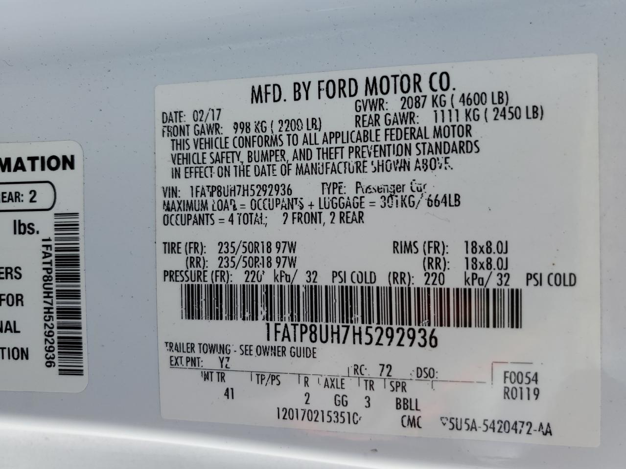 2017 Ford Mustang VIN: 1FATP8UH7H5292936 Lot: 84470225