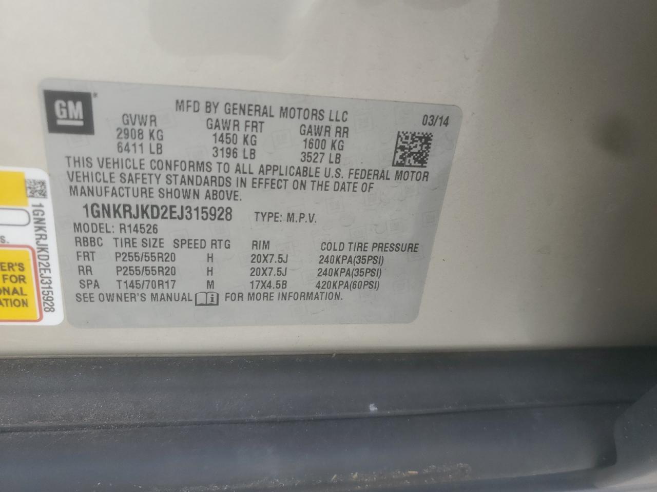 2014 Chevrolet Traverse Ltz VIN: 1GNKRJKD2EJ315928 Lot: 82259815