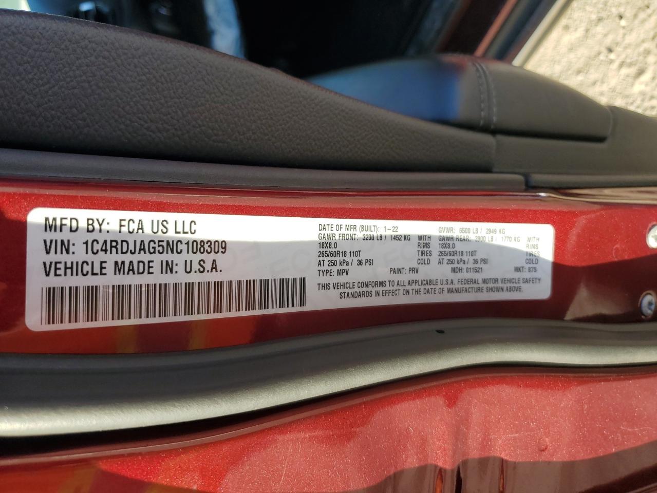 2022 Dodge Durango Sxt VIN: 1C4RDJAG5NC108309 Lot: 90775015