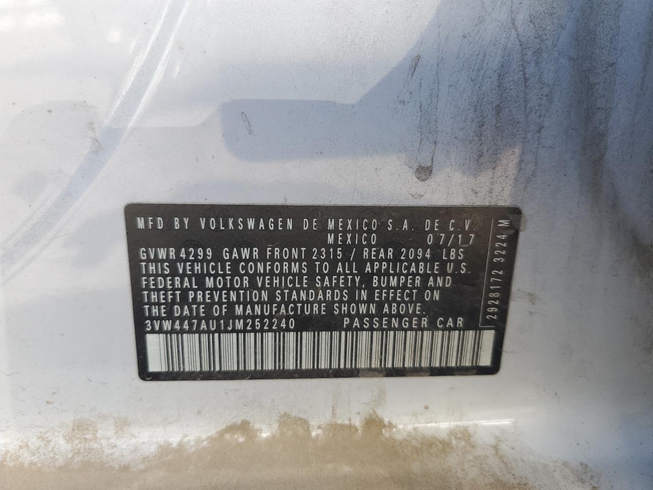 2018 Volkswagen Gti S/Se VIN: 3VW447AU1JM252240 Lot: 83830705