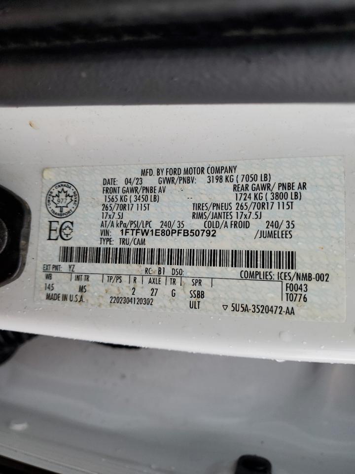 2023 Ford F150 Supercrew VIN: 1FTFW1E80PFB50792 Lot: 90373355