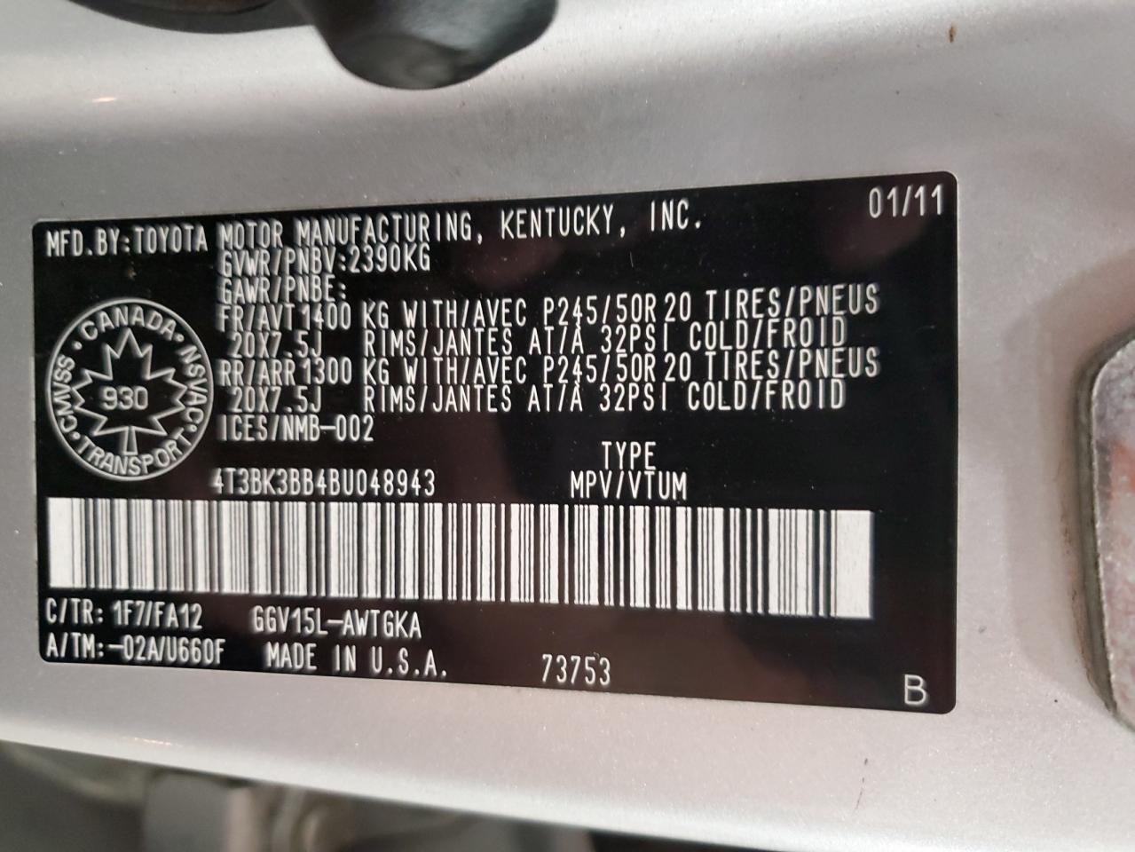 2011 Toyota Venza VIN: 4T3BK3BB4BU048943 Lot: 86894855