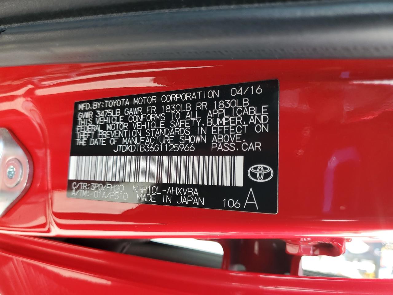 2016 Toyota Prius C VIN: JTDKDTB36G1125966 Lot: 85118265