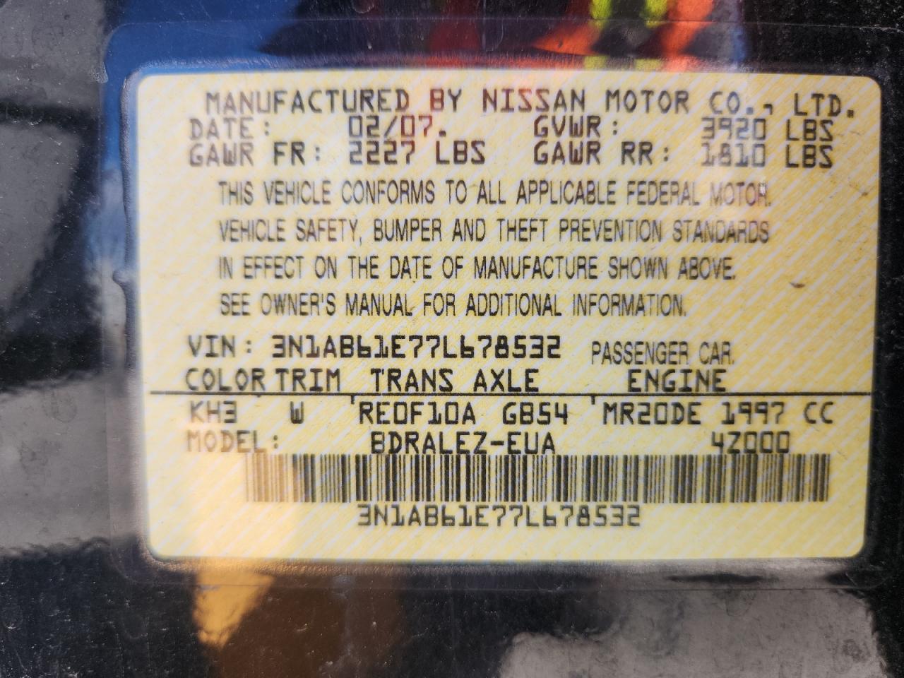 2007 Nissan Sentra 2.0 VIN: 3N1AB61E77L678532 Lot: 84398465
