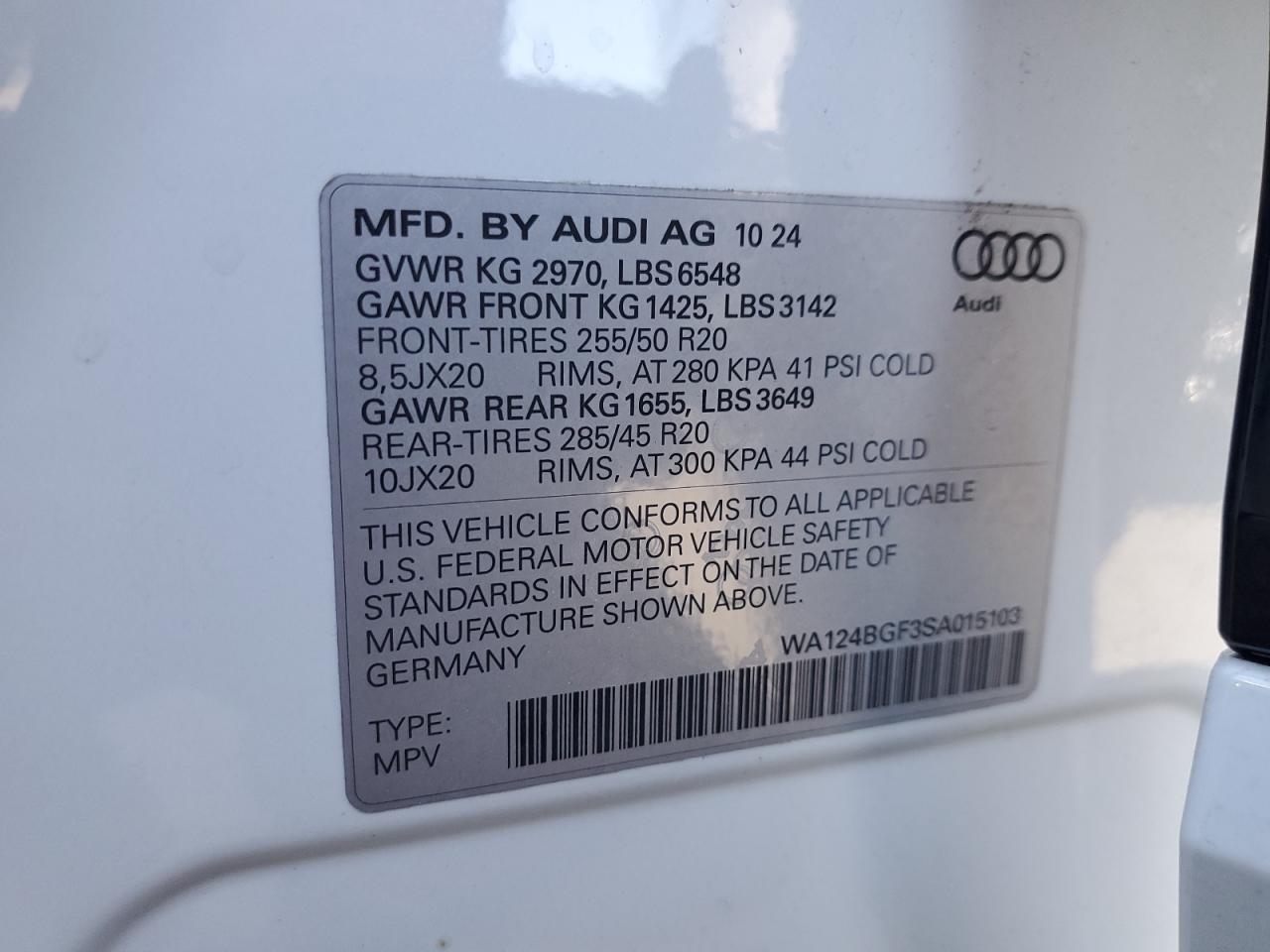 2025 Audi Q6 E-Tron Premium Plus VIN: WA124BGF3SA015103 Lot: 85880305