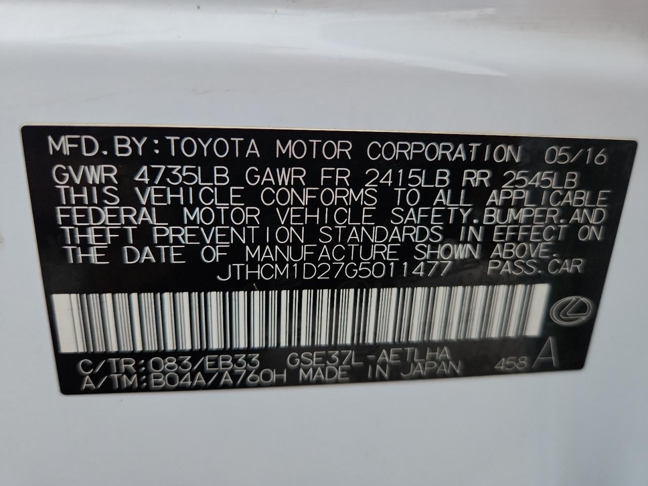 2016 Lexus Is 300 VIN: JTHCM1D27G5011477 Lot: 86273565