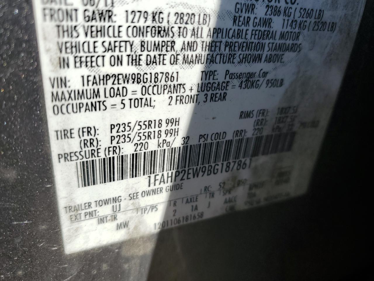 2011 Ford Taurus Sel VIN: 1FAHP2EW9BG187861 Lot: 85594425