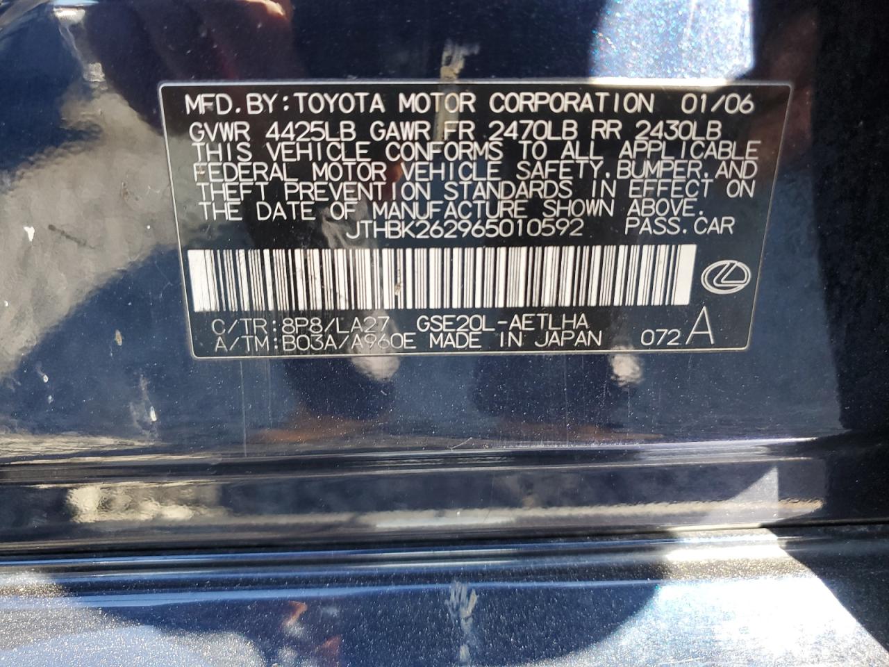 2006 Lexus Is 250 VIN: JTHBK262965010592 Lot: 82486215