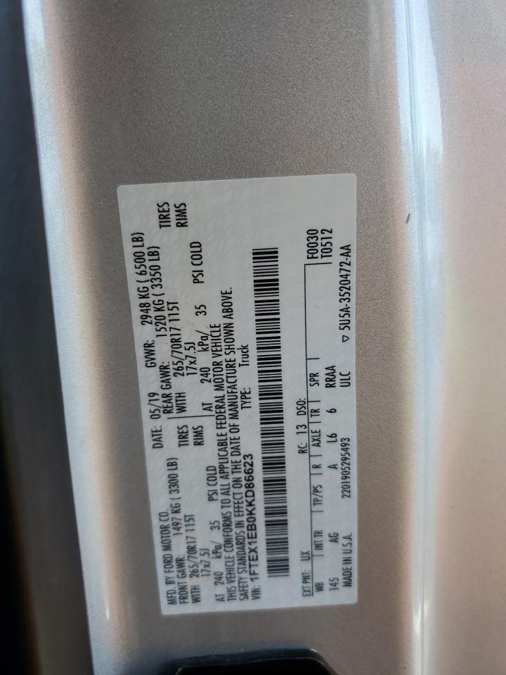 2019 Ford F150 Super Cab VIN: 1FTEX1EB0KKD86623 Lot: 85346685