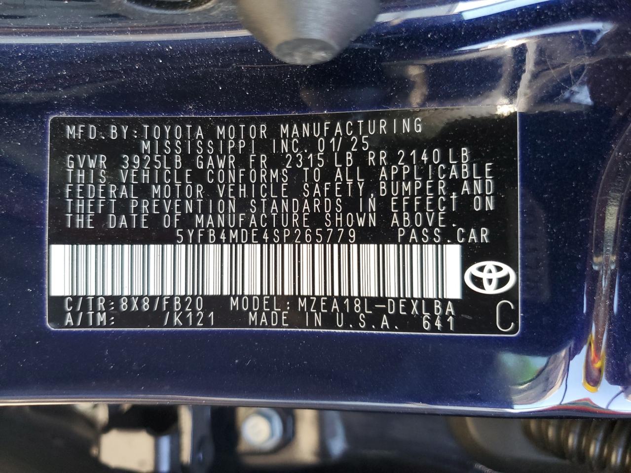 2025 Toyota Corolla Le VIN: 5YFB4MDE4SP265779 Lot: 85827135