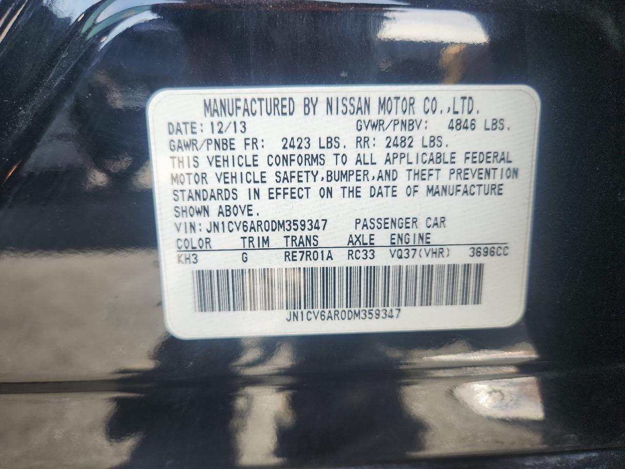 2013 Infiniti G37 VIN: JN1CV6AR0DM359347 Lot: 82638465