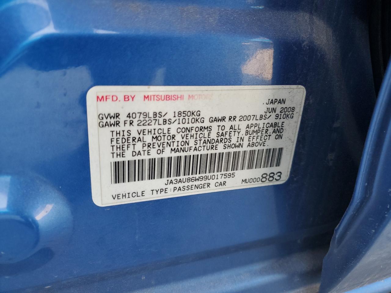 2009 Mitsubishi Lancer Gts VIN: JA3AU86W99U017595 Lot: 81983605