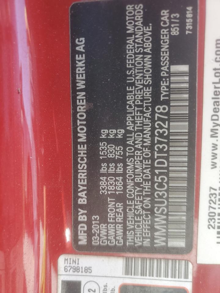 2013 Mini Cooper VIN: WMWSU3C51DT373278 Lot: 89896725