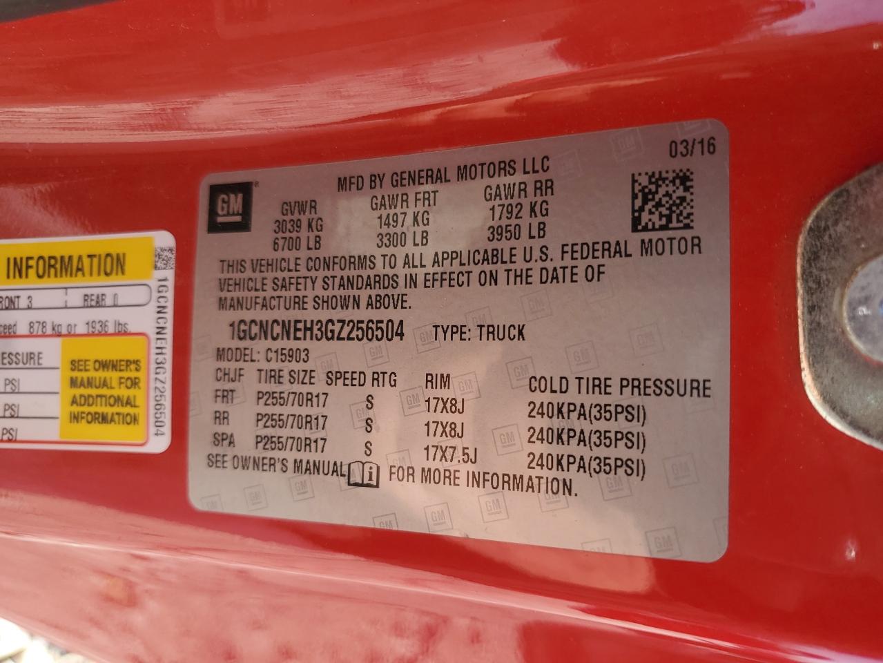 2016 Chevrolet Silverado C1500 VIN: 1GCNCNEH3GZ256504 Lot: 85687585