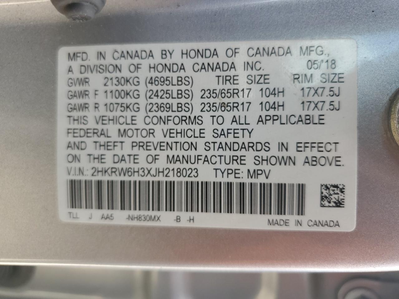 2018 Honda Cr-V Lx VIN: 2HKRW6H3XJH218023 Lot: 84896395