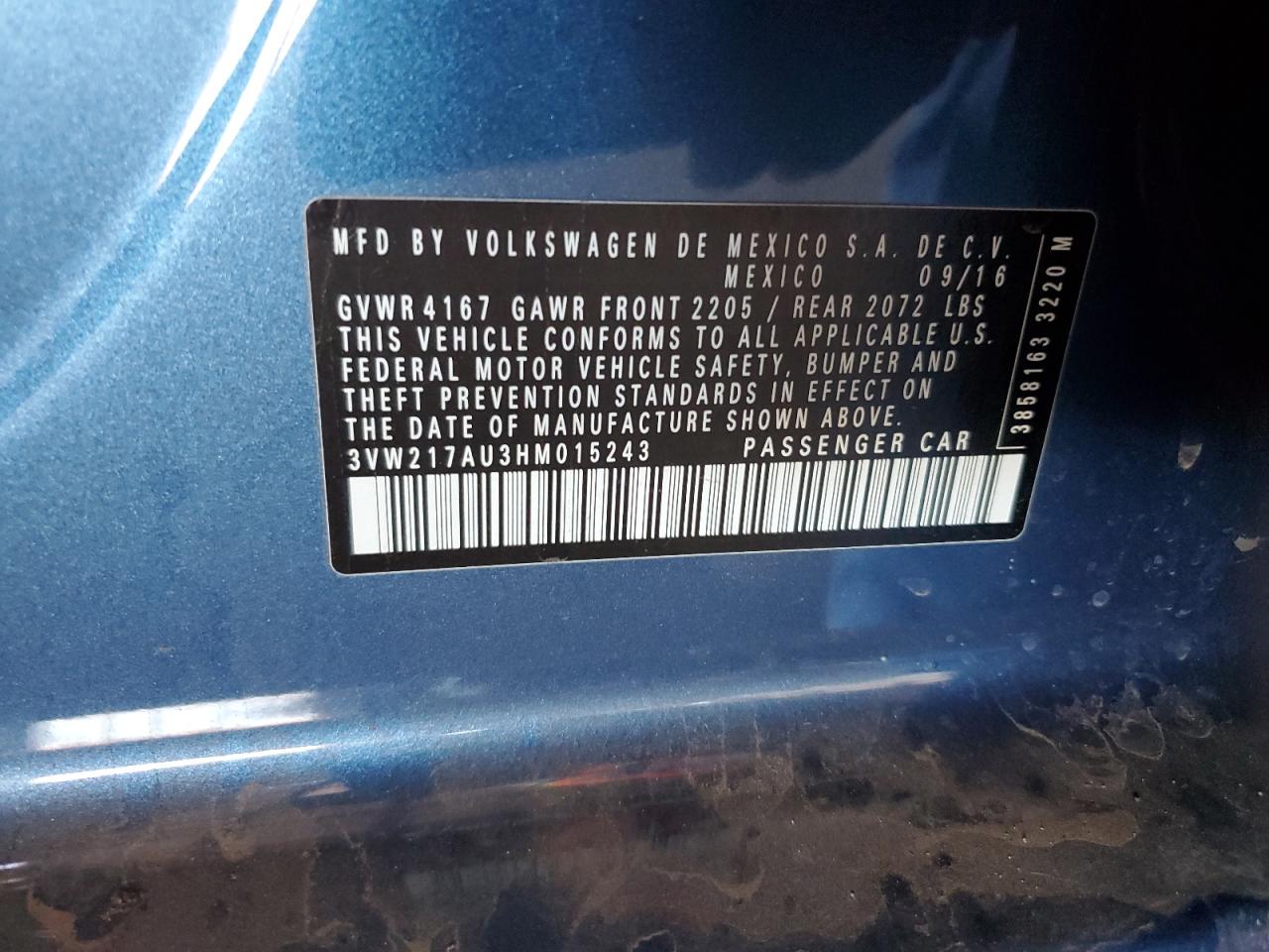 2017 Volkswagen Golf S VIN: 3VW217AU3HM015243 Lot: 87117035