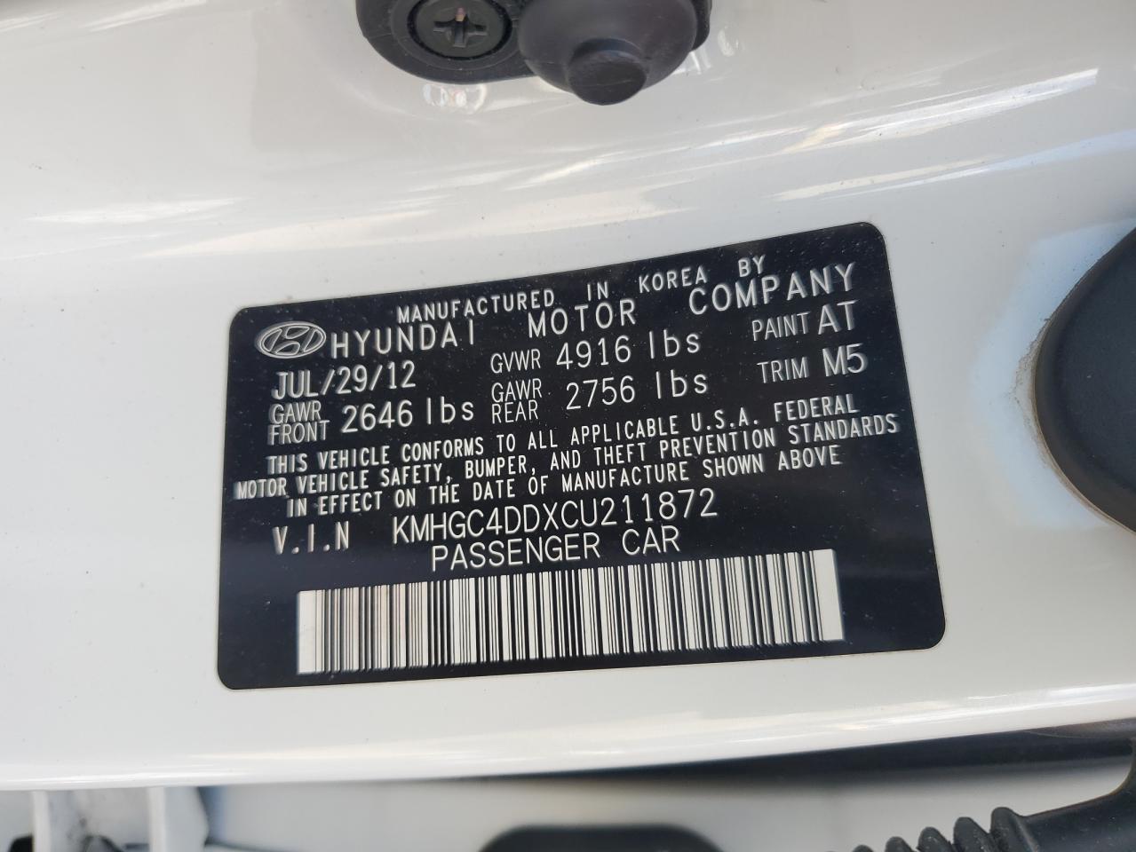 2012 Hyundai Genesis 3.8L VIN: KMHGC4DDXCU211872 Lot: 84649205