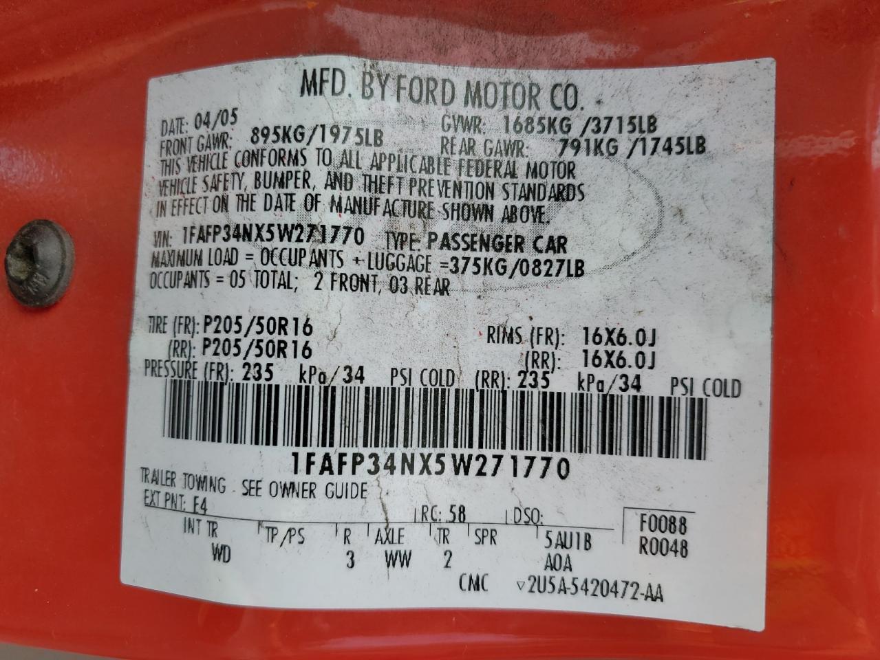 2005 Ford Focus Zx4 VIN: 1FAFP34NX5W271770 Lot: 82242815