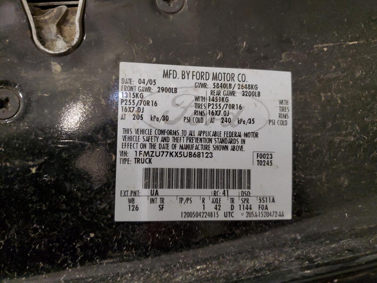 2005 Ford Explorer Sport Trac VIN: 1FMZU77KX5UB68123 Lot: 82460675