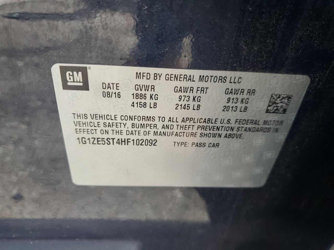 2017 Chevrolet Malibu Lt VIN: 1G1ZE5ST4HF102092 Lot: 89576915