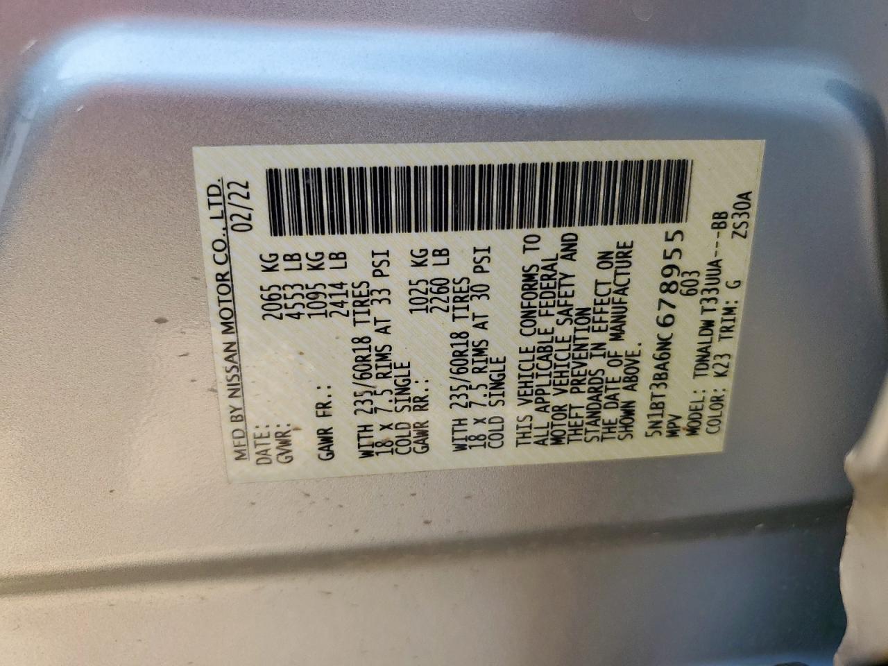 2022 Nissan Rogue Sv VIN: 5N1BT3BA6NC678955 Lot: 85131195