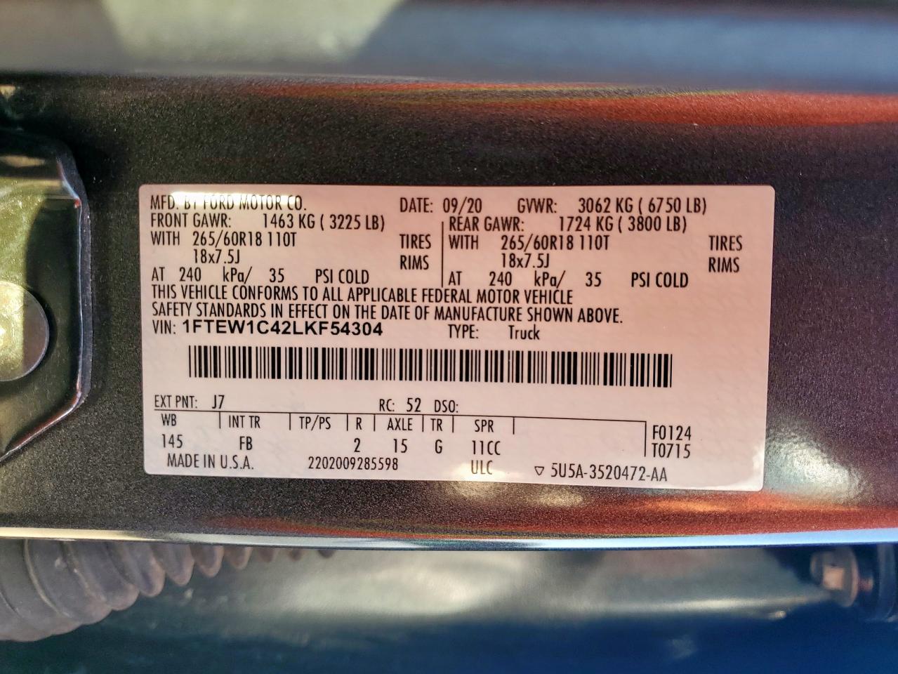 2020 Ford F150 Supercrew VIN: 1FTEW1C42LKF54304 Lot: 82235585