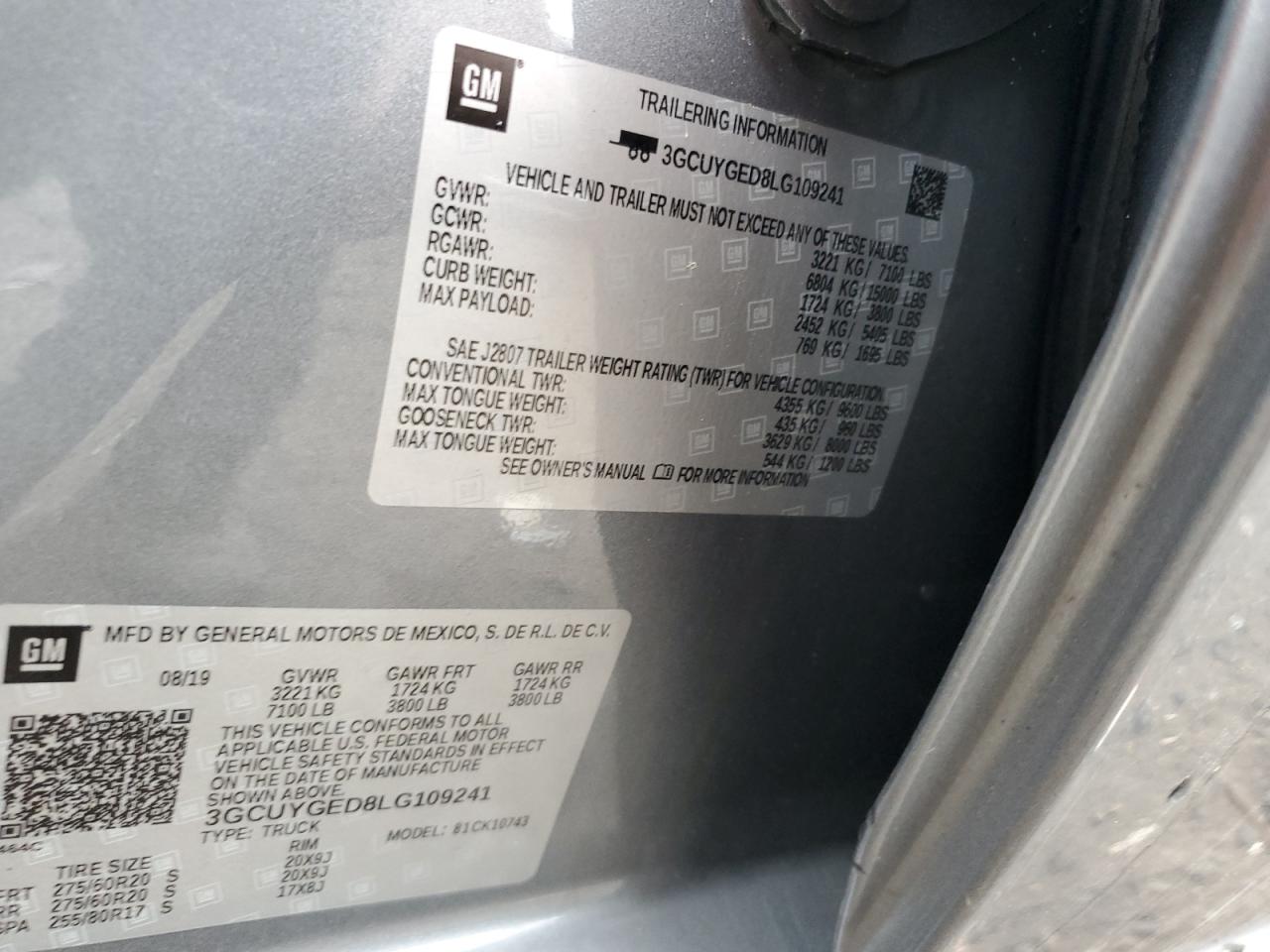 2020 Chevrolet Silverado K1500 Ltz VIN: 3GCUYGED8LG109241 Lot: 85092705