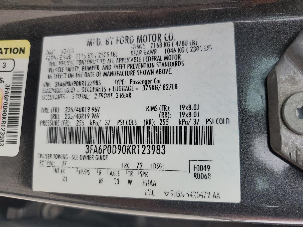 2019 Ford Fusion Titanium VIN: 3FA6P0D90KR123983 Lot: 85647345