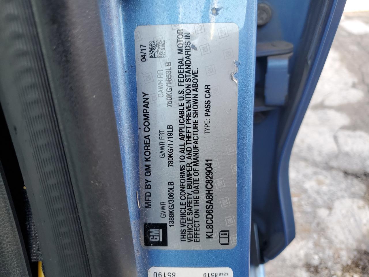 2017 Chevrolet Spark 1Lt VIN: KL8CD6SA8HC829041 Lot: 82649275