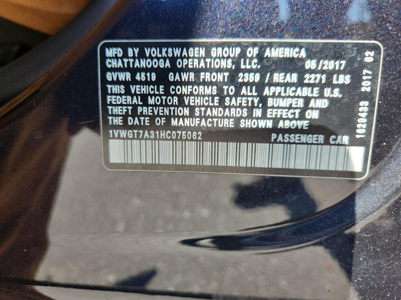 2017 Volkswagen Passat Se VIN: 1VWGT7A31HC075062 Lot: 87485925