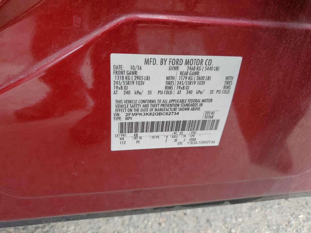 2016 Ford Edge Titanium VIN: 2FMPK3K82GBC62734 Lot: 90045865