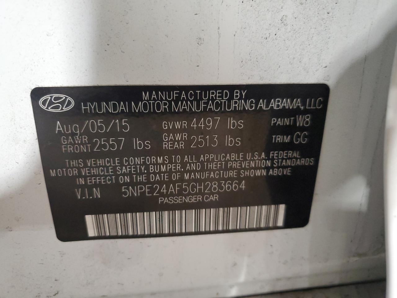 2016 Hyundai Sonata Se VIN: 5NPE24AF5GH283664 Lot: 84871315