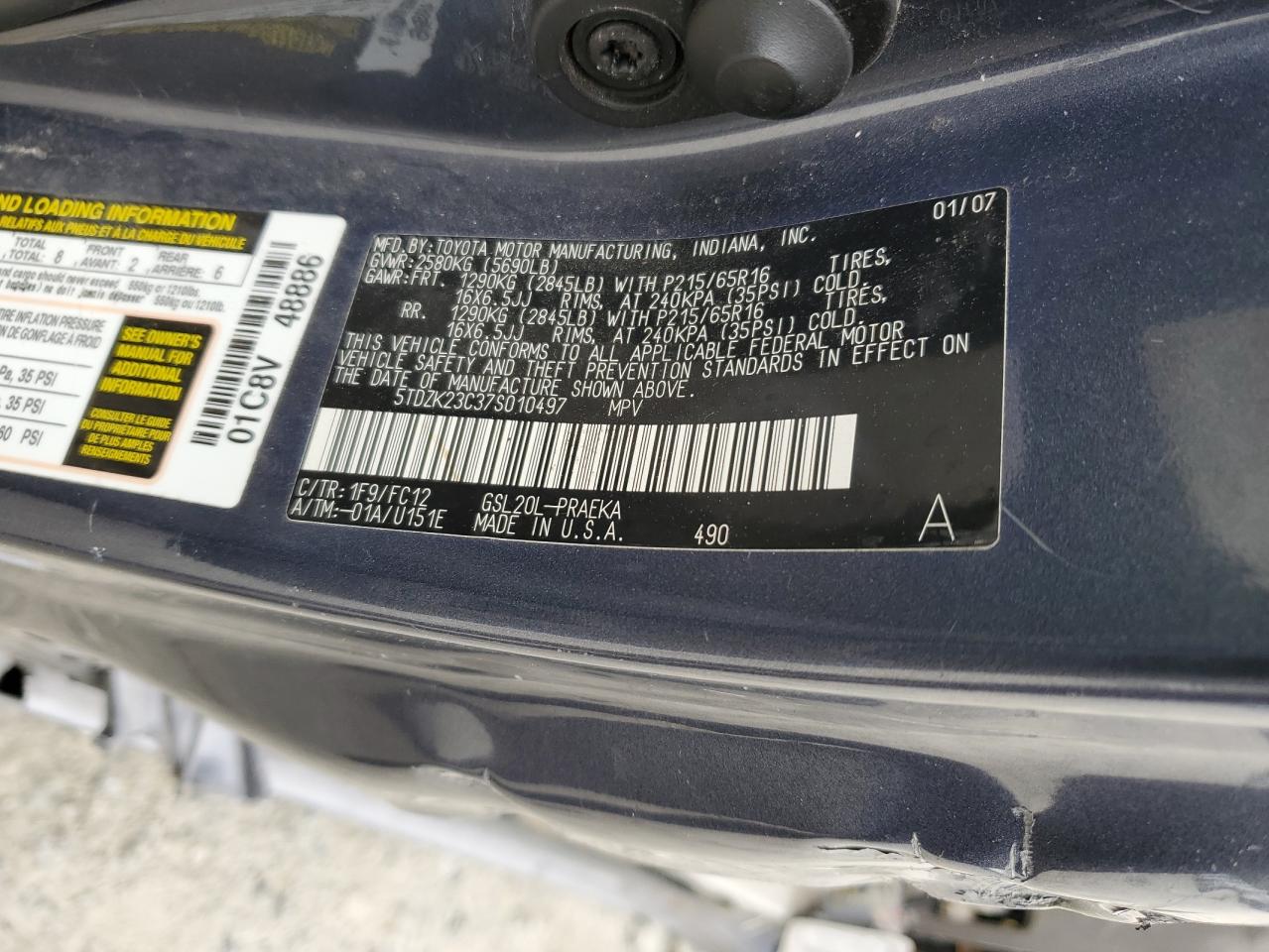 2007 Toyota Sienna Ce VIN: 5TDZK23C37S010497 Lot: 89927165