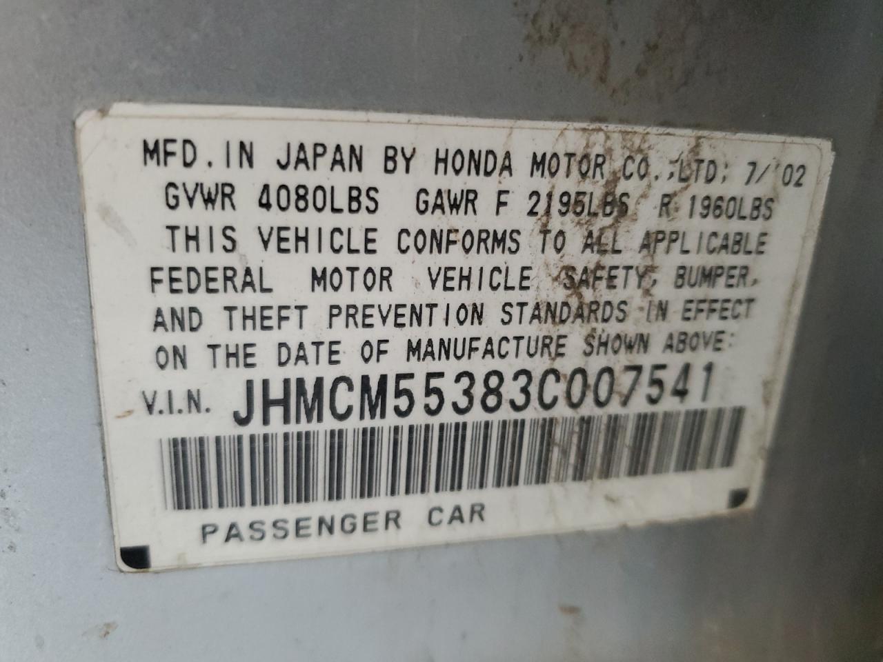 2003 Honda Accord Lx VIN: JHMCM55383C007541 Lot: 89551085