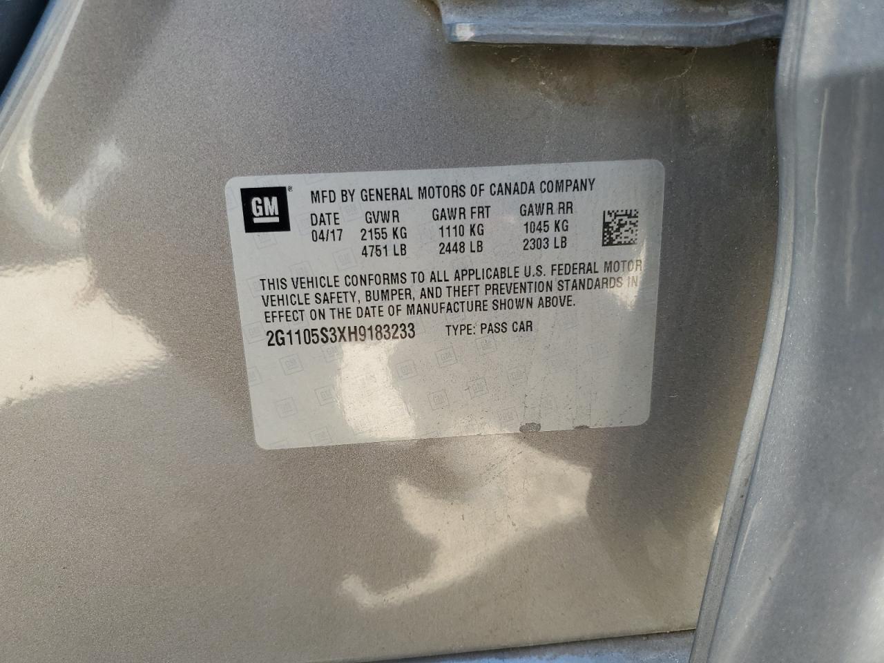 2017 Chevrolet Impala Lt VIN: 2G1105S3XH9183233 Lot: 91027985