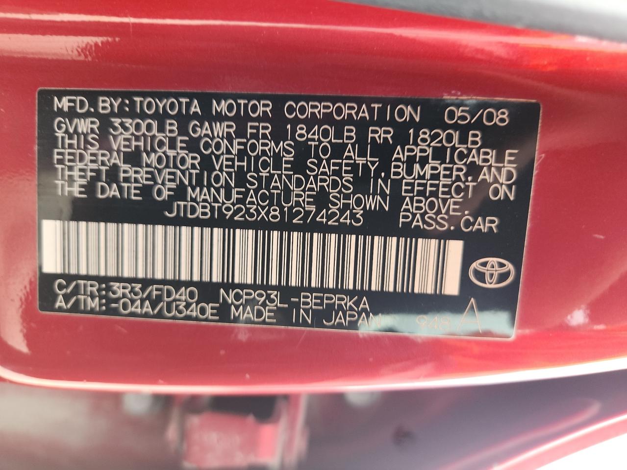 2008 Toyota Yaris VIN: JTDBT923X81274243 Lot: 85481255