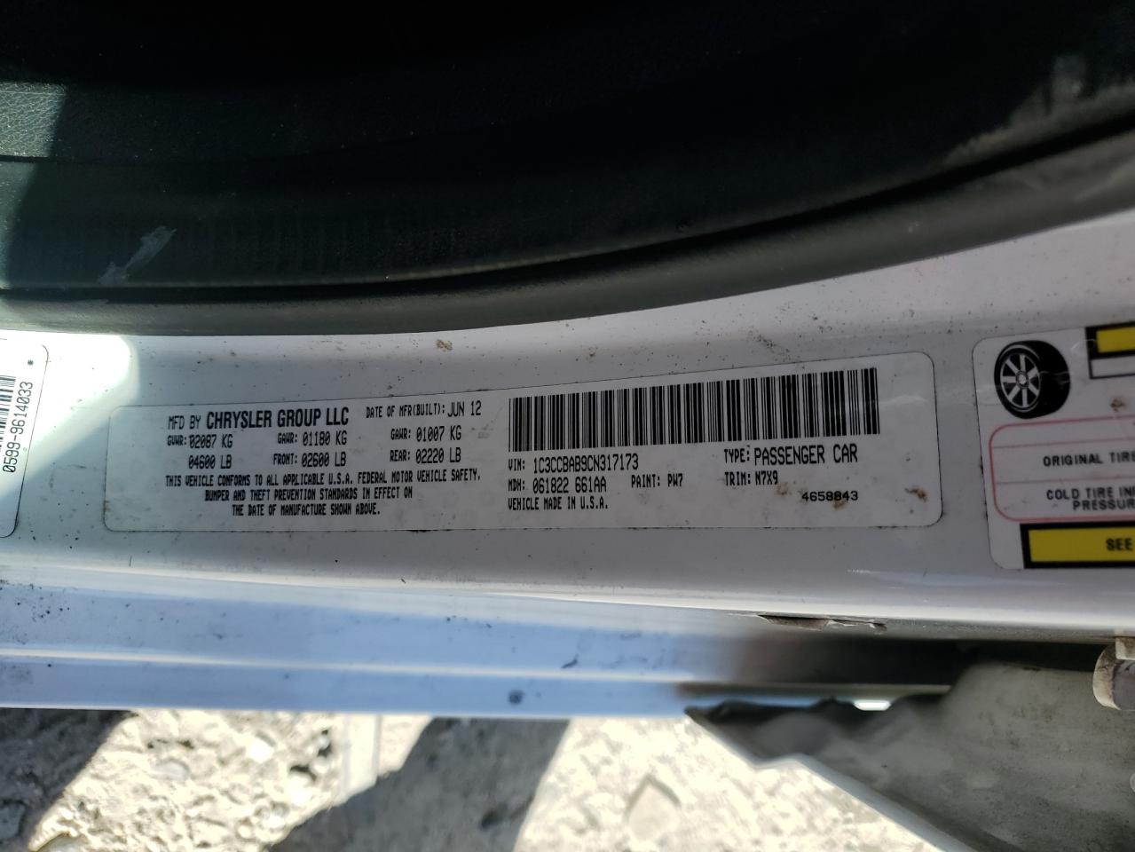 2012 Chrysler 200 Lx VIN: 1C3CCBAB9CN317173 Lot: 89495705