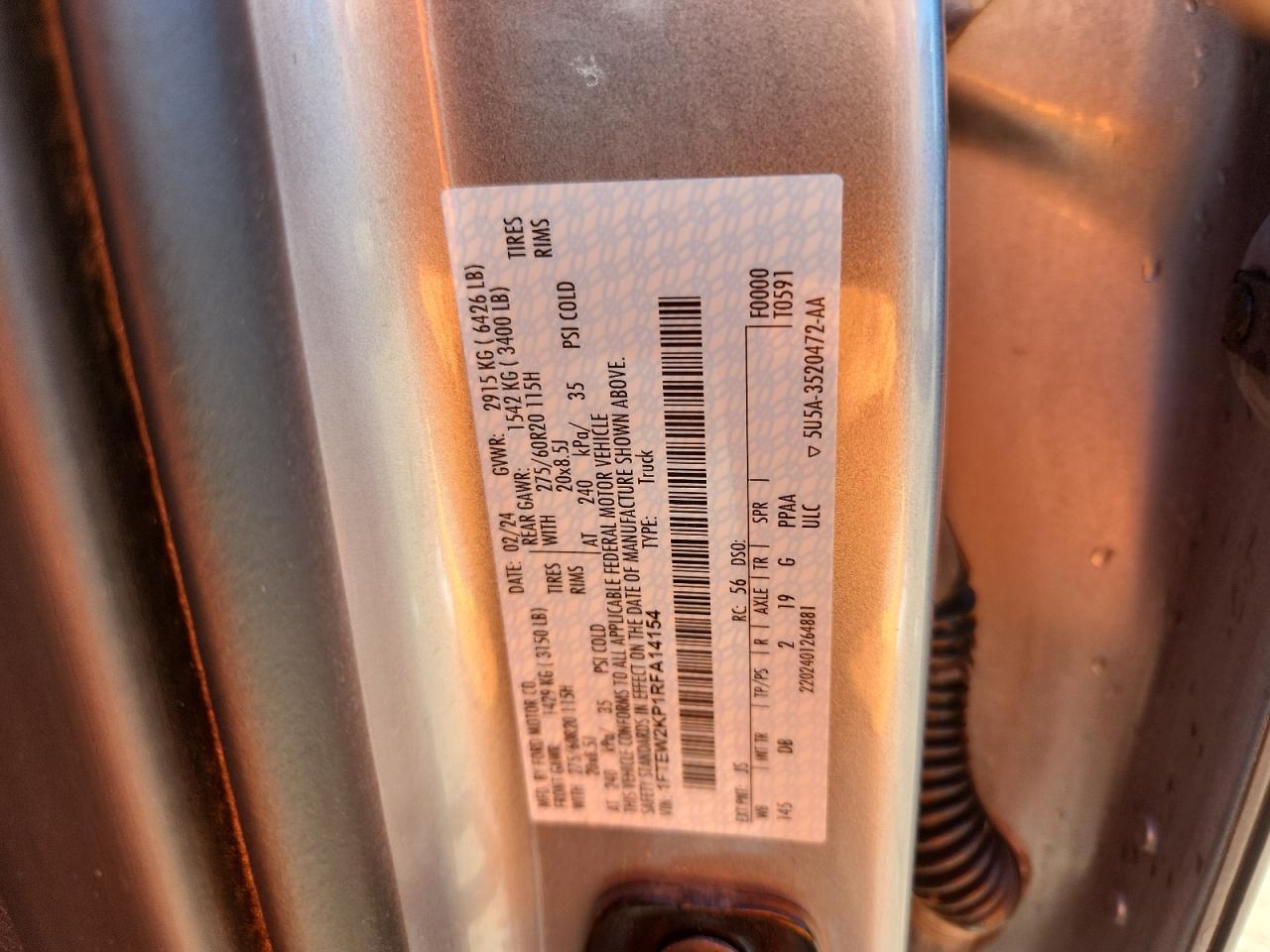 2024 Ford F150 Stx VIN: 1FTEW2KP1RFA14154 Lot: 82162055