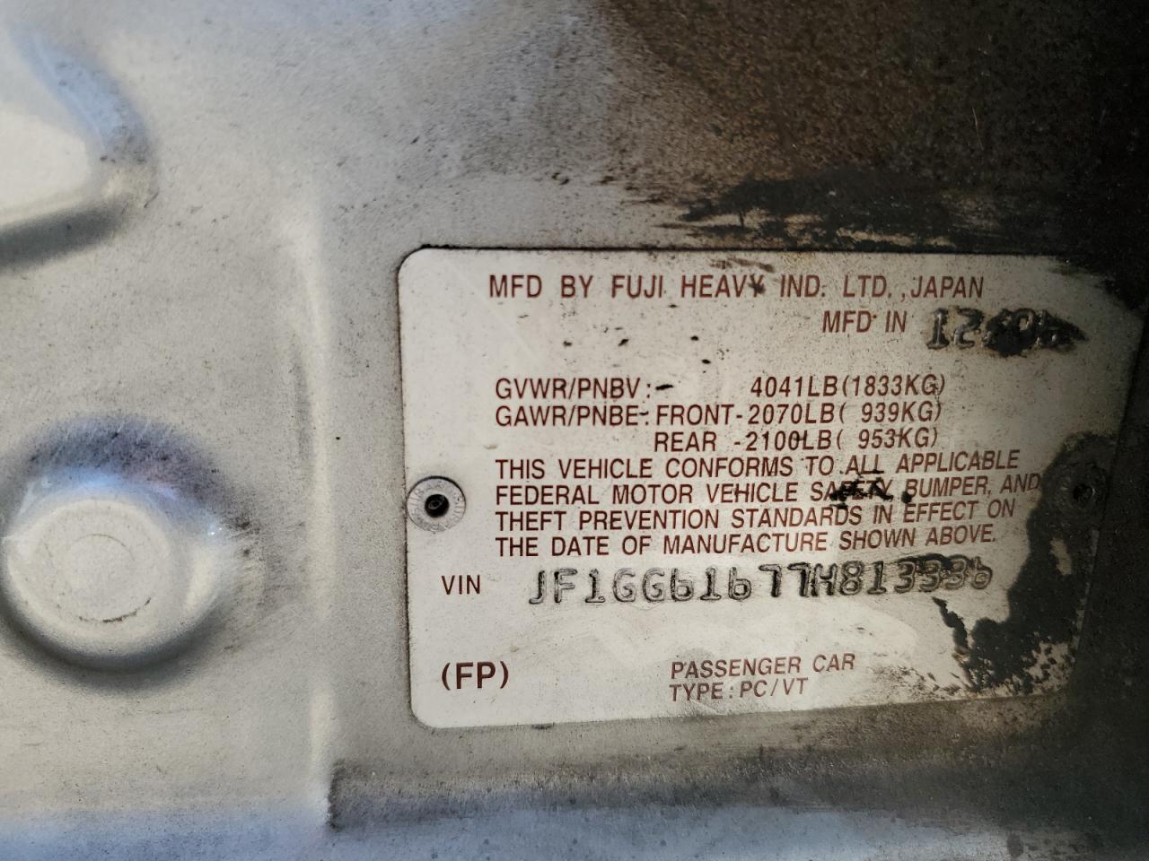 2007 Subaru Impreza 2.5I VIN: JF1GG61677H813336 Lot: 84630565