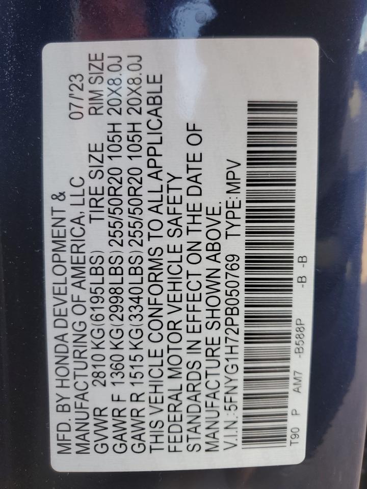 2023 Honda Pilot Touring VIN: 5FNYG1H72PB050769 Lot: 84801165