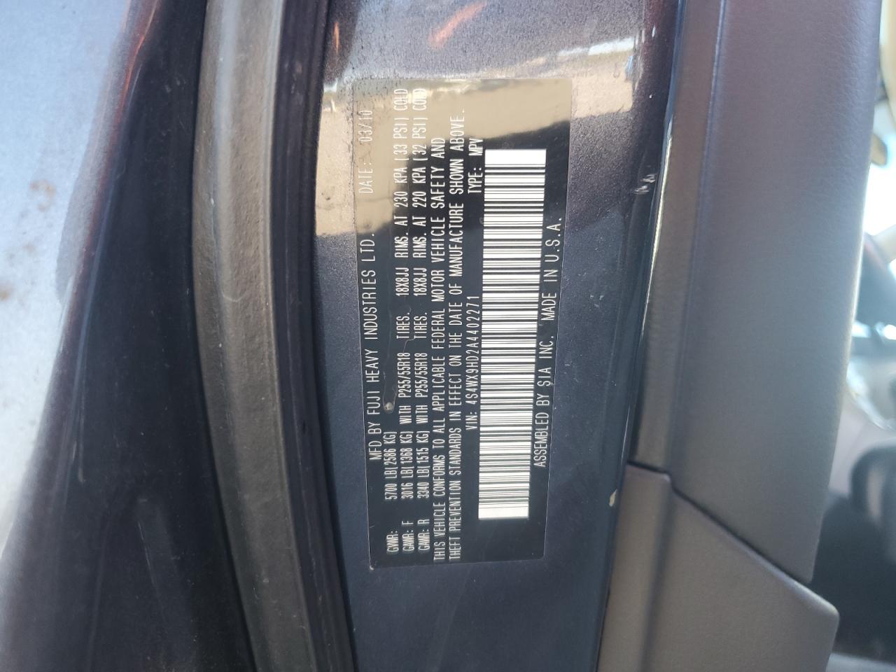 2010 Subaru Tribeca Limited VIN: 4S4WX9HD2A4402271 Lot: 85187985