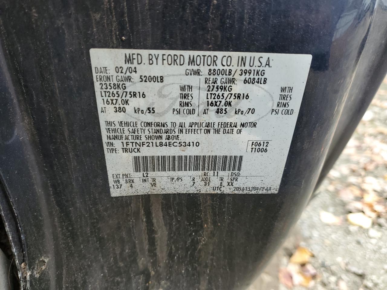 2004 Ford F250 Super Duty VIN: 1FTNF21L84EC53410 Lot: 86488395