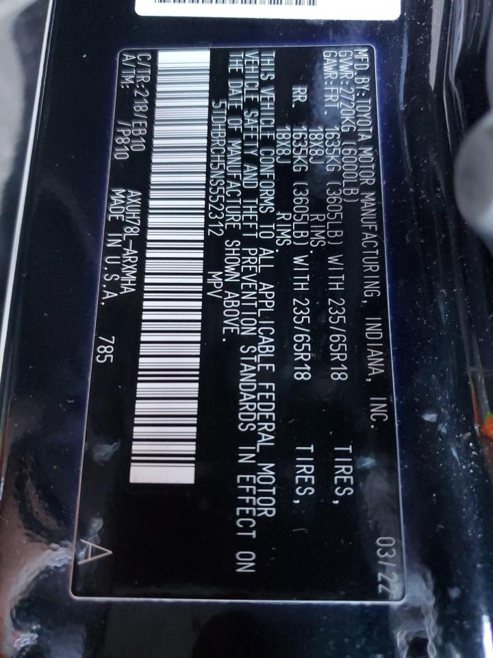 2022 Toyota Highlander Hybrid Xle VIN: 5TDHBRCH5NS552312 Lot: 82504475