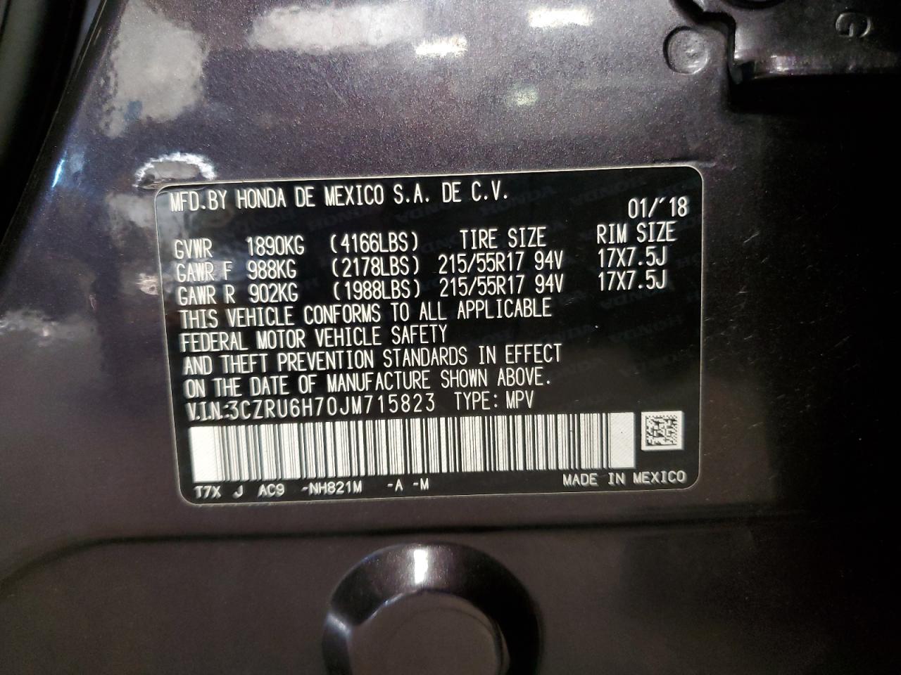 2018 Honda Hr-V Exl VIN: 3CZRU6H70JM715823 Lot: 85846525