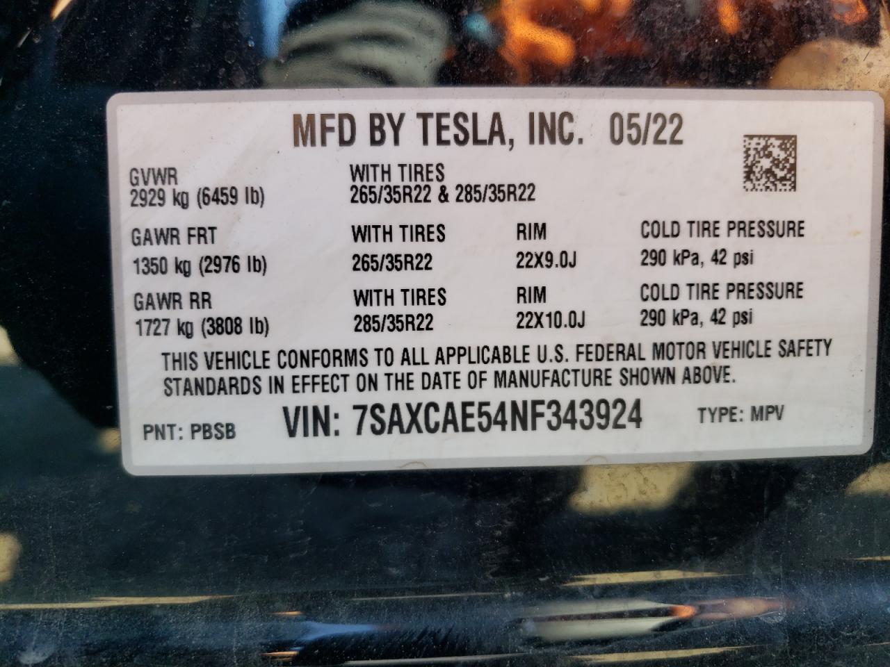 2022 Tesla Model X VIN: 7SAXCAE54NF343924 Lot: 85859645