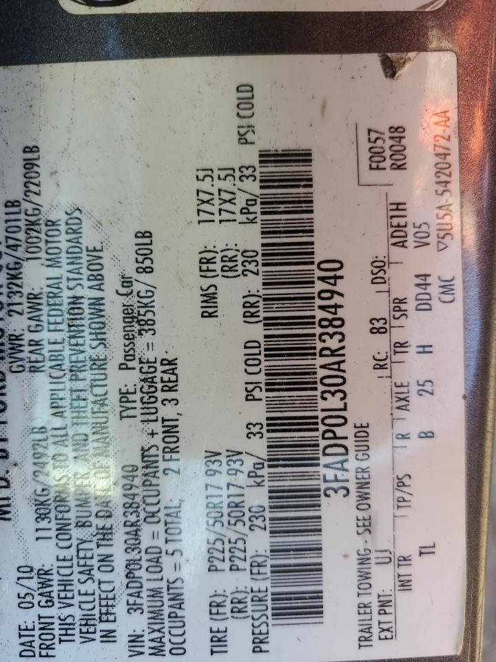 2010 Ford Fusion Hybrid VIN: 3FADP0L30AR384940 Lot: 85367355