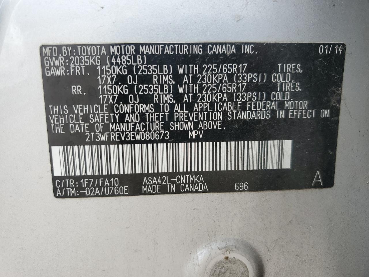 2014 Toyota Rav4 Xle VIN: 2T3WFREV3EW080673 Lot: 81509455