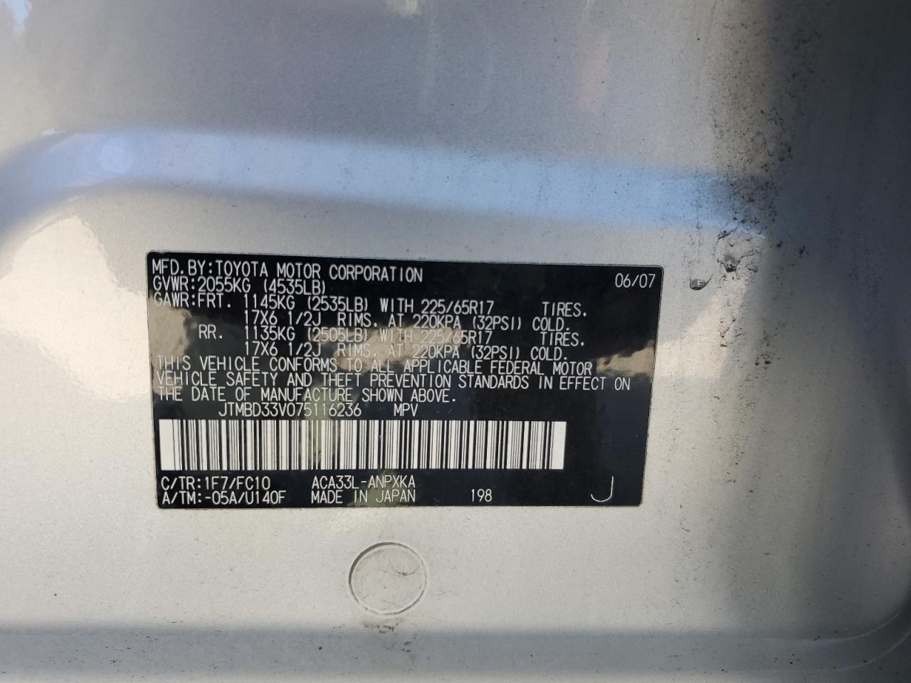 2007 Toyota Rav4 VIN: JTMBD33V075116236 Lot: 84945445