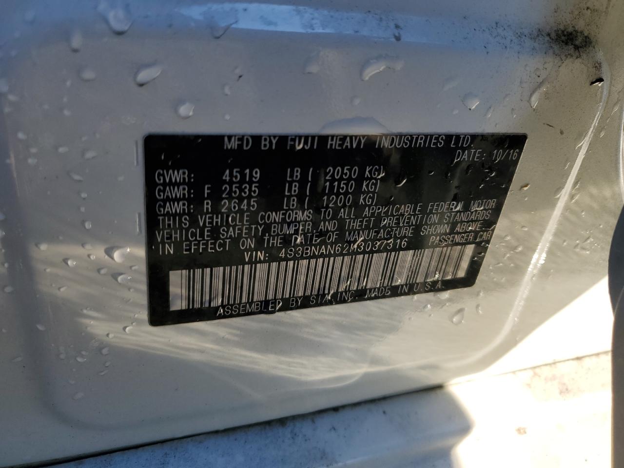 2017 Subaru Legacy 2.5I Limited VIN: 4S3BNAN62H3037316 Lot: 90053195